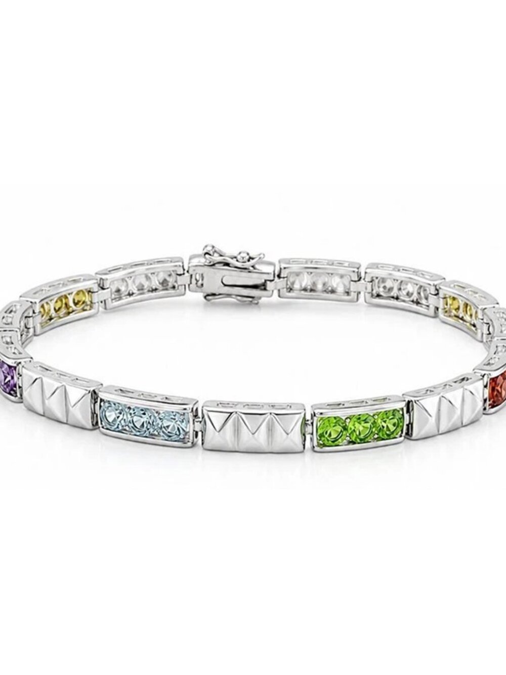 Created Yellow Topaz, Amethyst, Aqua & Garnet Bracelet Solid .925 Silver